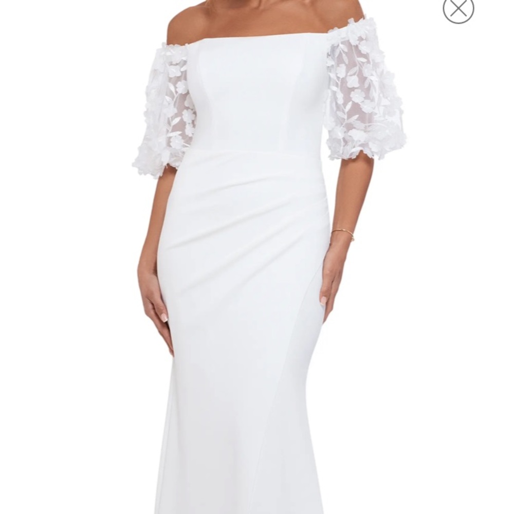 Xscape Off the shoulder long, puffy sleeve ivory dress. Wedding/prom/formal